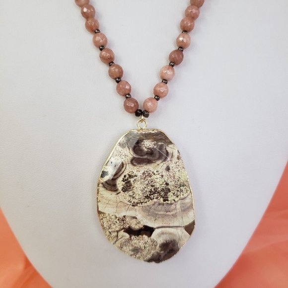 Large Gray & White Jasper Stone Pendant on Brown Cord Necklace Pink Agate Beads - Picture 10 of 12